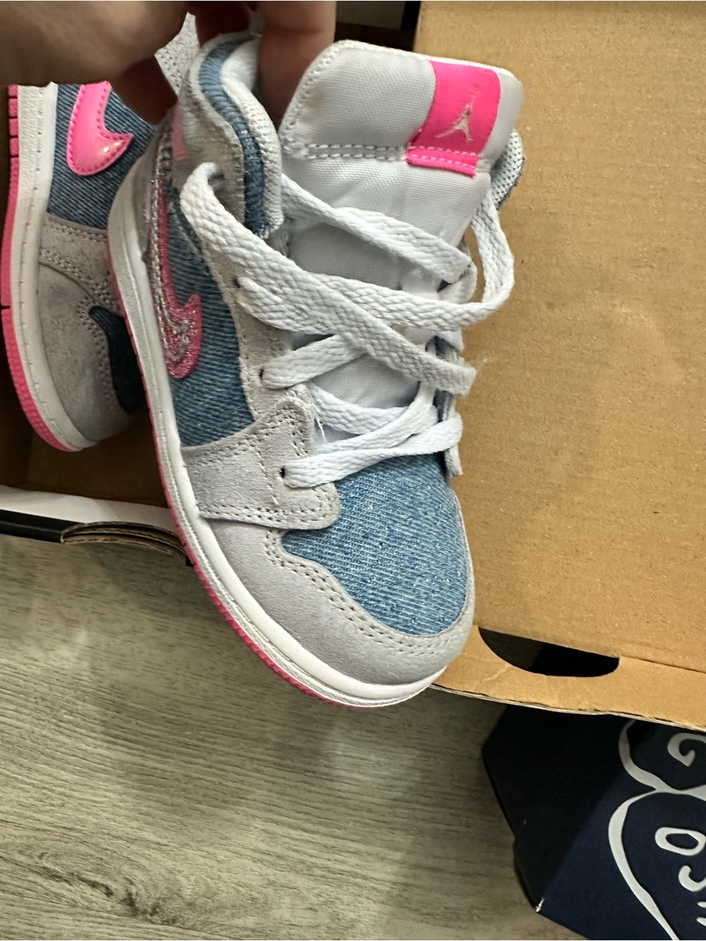 Jordan Kids Grey Denim & Pink Sneakers with Hot Pink Swoosh - Picture 3 of 4